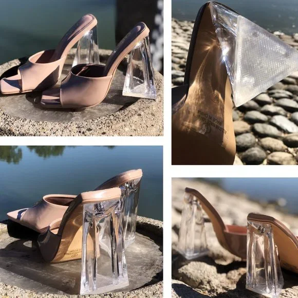 NEW Patent Clear Triangle High Block Heel Square Toe Slip On Sandals Mules Shoes - Picture 9 of 10